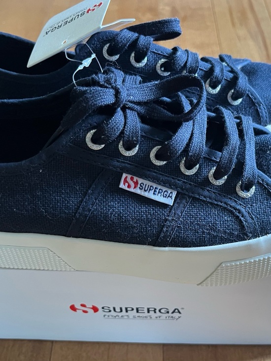 Superga Shoes - Superga Navy Canvas Platform Lace-Up Sneakers
